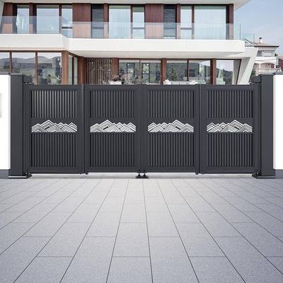 别浮墅大门木纹镂空铝艺平移伸缩187门院内置电机电动轨悬折无叠