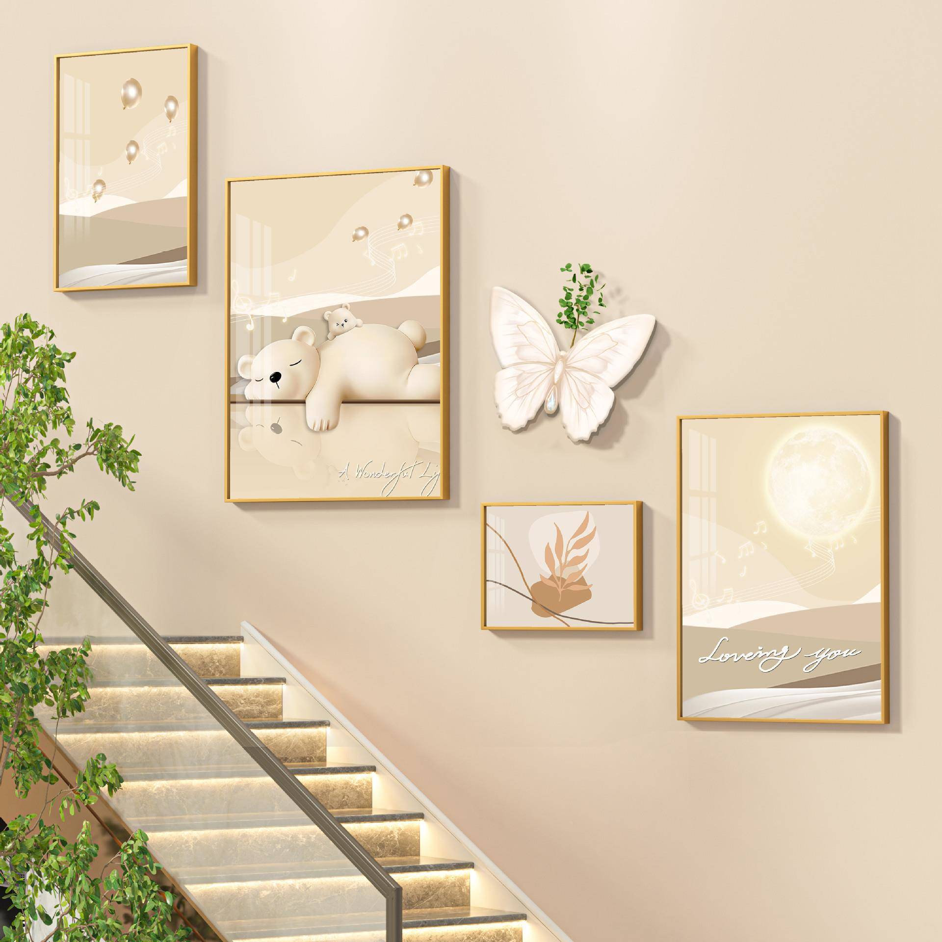 楼梯楼楼梯间装饰4-E1画奶风蝴油蝶浮雕道花奢复式楼壁画轻过道挂图片
