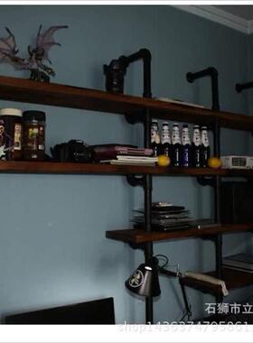 loft铁工业水意ULJ管置架复古艺创书架实木陈列架做旧搁物板书桌