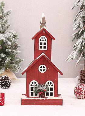 圣诞节装饰品红色子木屋场灯雪景木质城堡教堂摆件房景B5879/B5亮