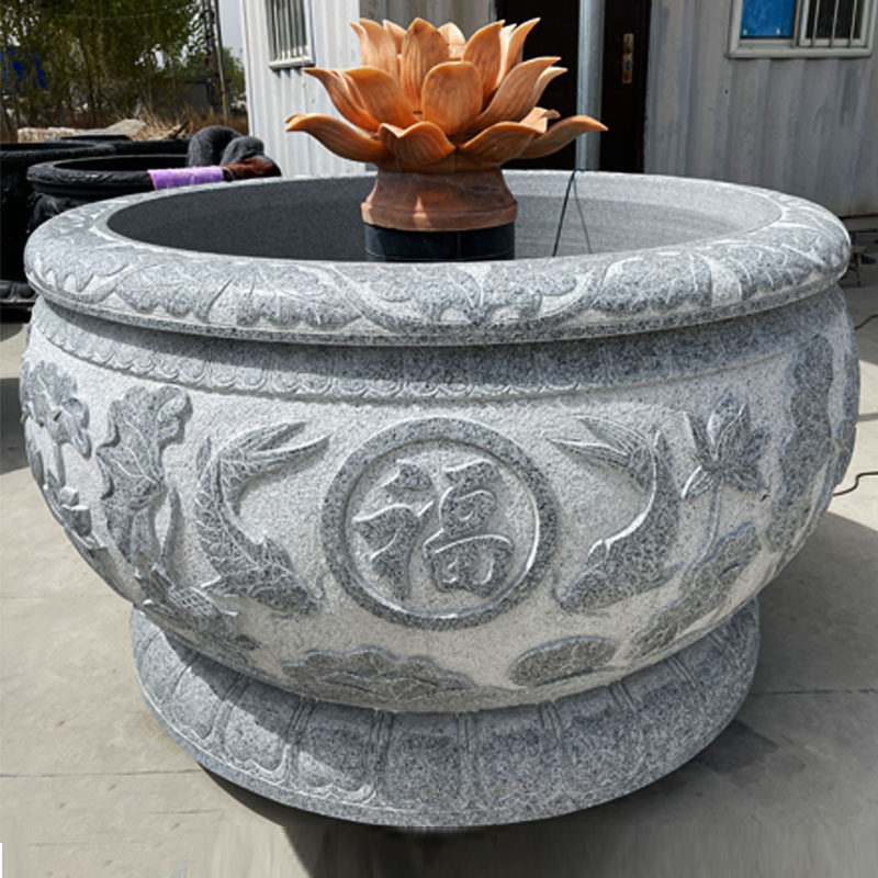 青石水缸仿古圆缸景区古建筑中式庭院养鱼水缸石缸 石雕荷花鱼缸