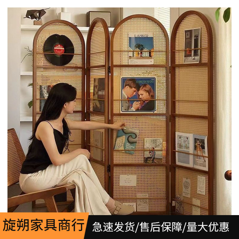 中复古移动藤编折叠屏风客厅卧室玄关入户正对门法式隔断置物书架
