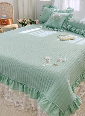 织全棉色水洗棉床盖三件纯棉夹季INX棉床单公主风蕾丝花套边床裙