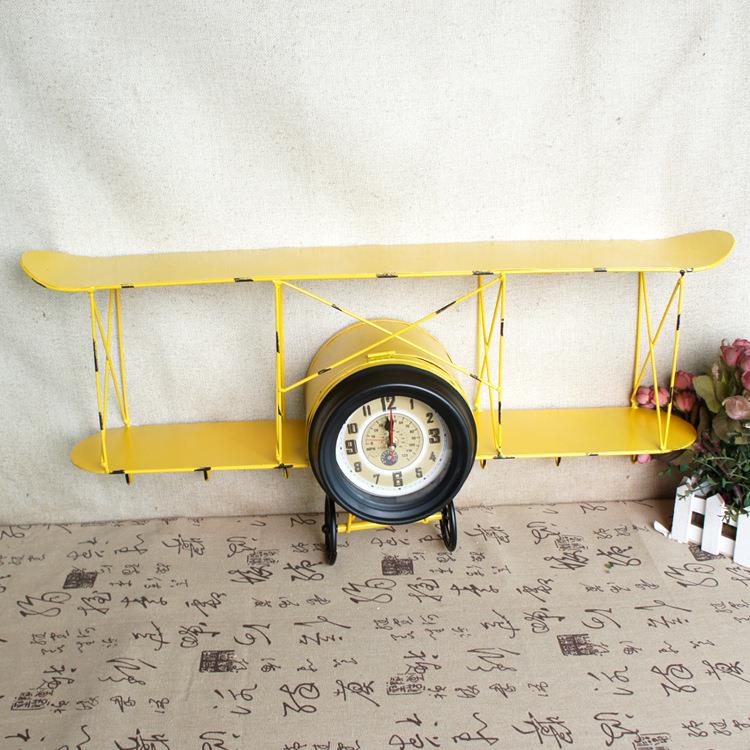 美式挂复壁古飞机模型置物架壁饰壁螺旋桨钟表创意铁装艺飞机双翼