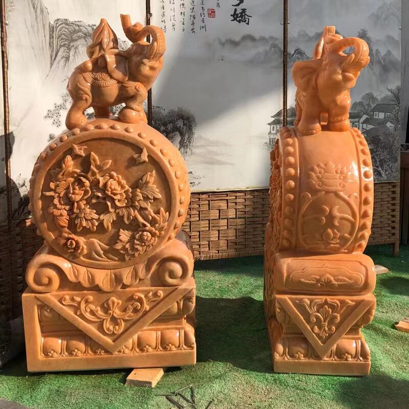 晚霞红大象仿古抱鼓石一对