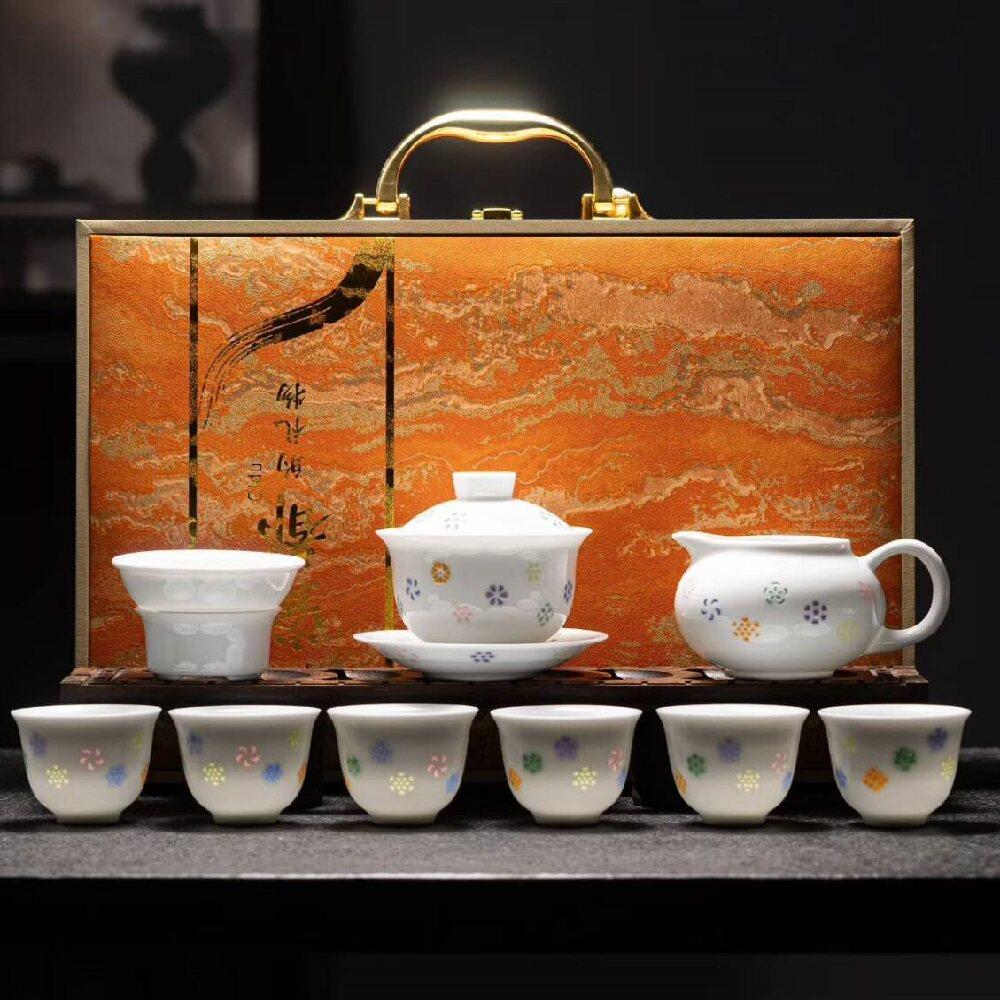 壶新景德镇茶2584青花釉下玲珑五彩手绘功夫茶套具陶瓷盖碗杯子装