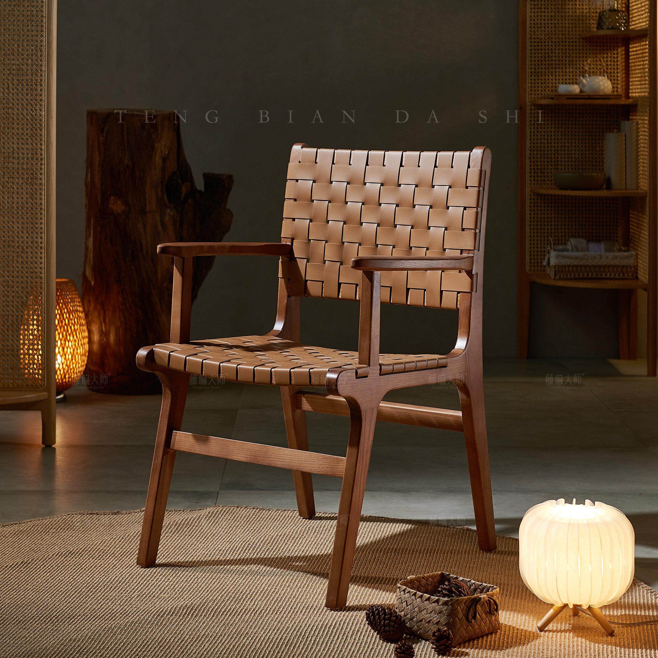 藤编匠师马鞍皮革餐椅家用简约实木靠背椅现代复古咖啡厅椅子单人,住宅家具,餐椅,淘宝优惠券,粉丝福利购,淘宝优惠卷
