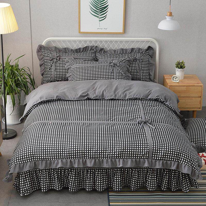 韩式ins少女心公主风全棉床上四件套条纹纯被套三件式床组床裙款4