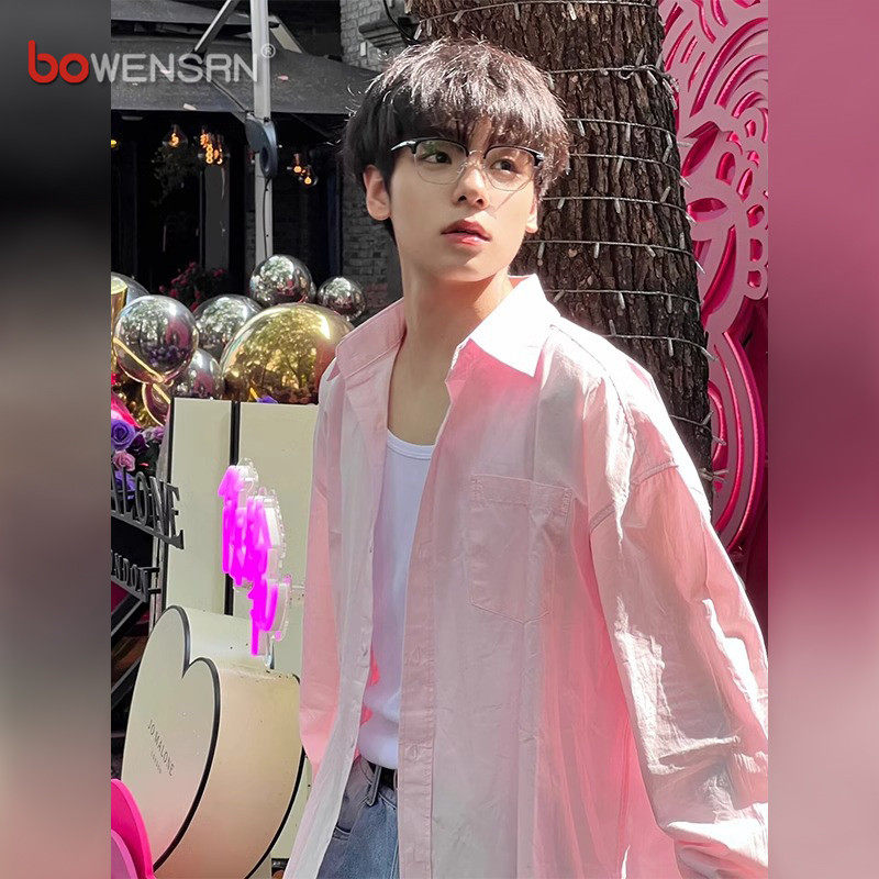 多巴胺粉色防晒衬衫男士2026新款夏季高级感痞帅长袖衬衣外套男款