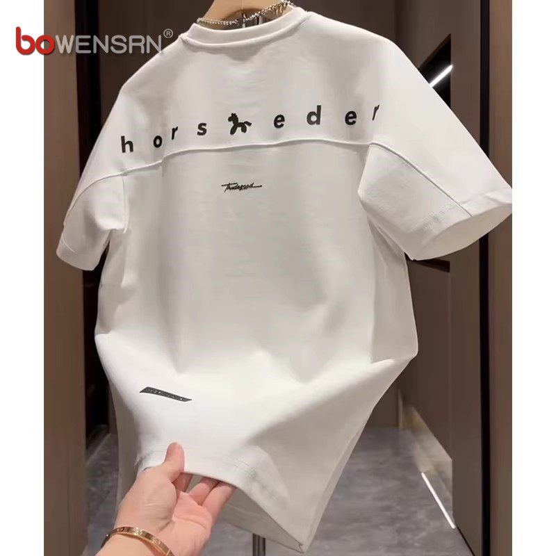 潮牌白色拼接刺绣短袖t恤男士2026新款夏季痞帅高级感上衣服男款