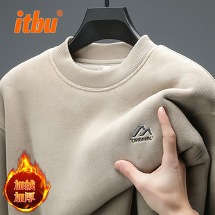 高端奥粒绒男卫衣男士2025新款冬季加绒加厚圆领保暖打底上衣男款