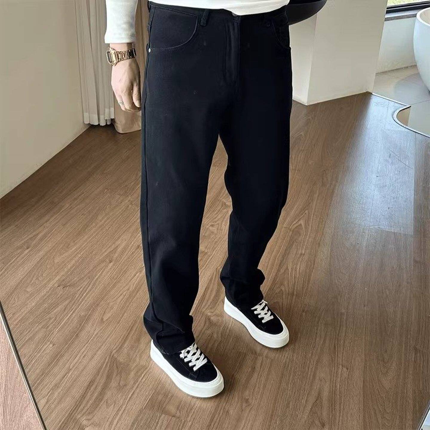 高端黑色宽松直筒牛仔裤男士2025新款秋冬季男裤加绒休闲裤子男款