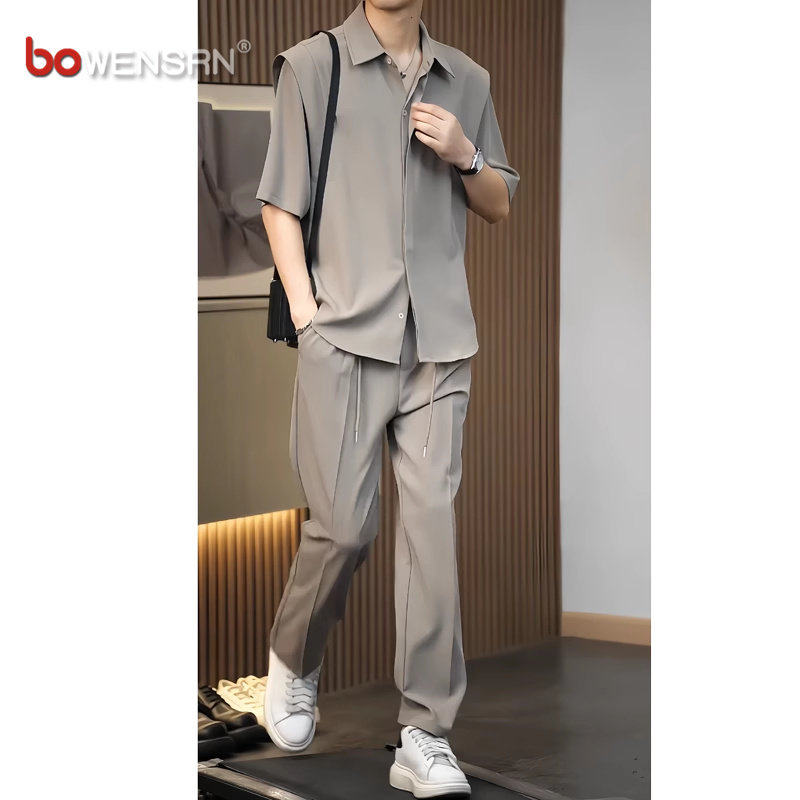 高级感冰丝短袖衬衫男士套装夏季2026新款轻熟风搭配一套痞帅男装