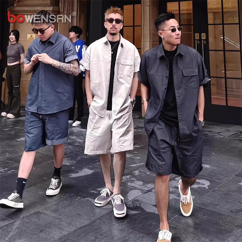 复古蜡染水洗短袖衬衫套装男士2026新款夏季松弛感痞帅气一套男款