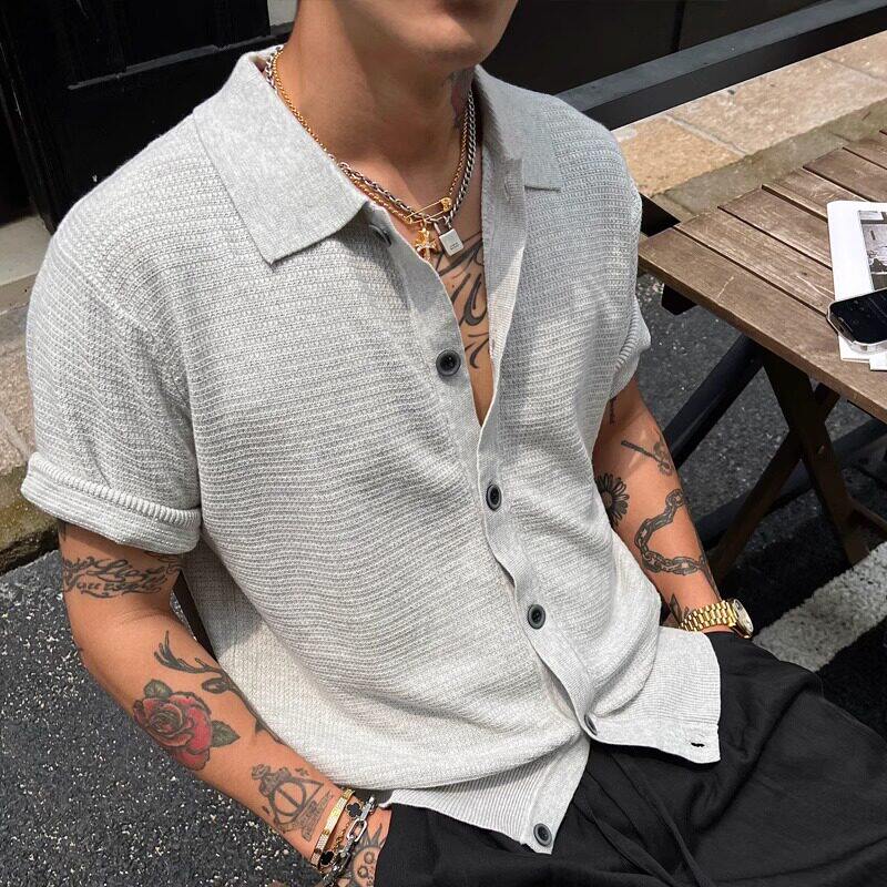 韩国Uamtor男士夏季短袖衬衫老钱风针织高级感翻领褶皱宽松上衣潮