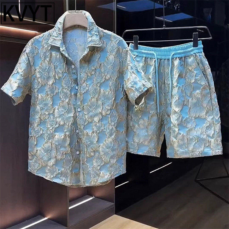 高端运动休闲套装男士浮雕烫金花衬衫短袖短裤夏装穿搭一整套时尚