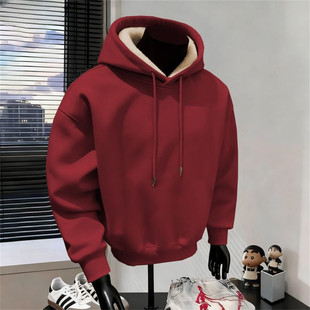 高端红色羊羔绒连帽卫衣男士2026新款冬季本命年加绒加厚上衣男款