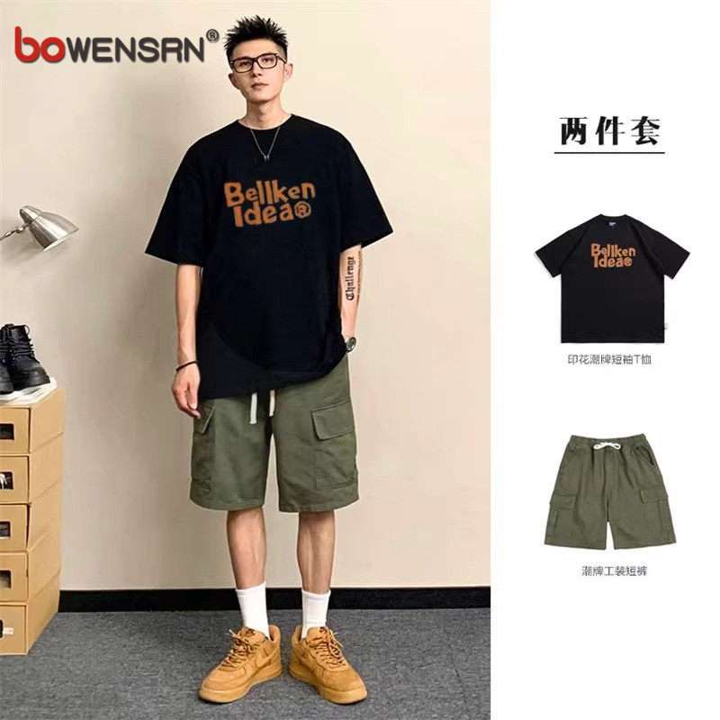 潮牌休闲运动套装男士短袖t恤2026新款夏季纯棉工装短裤夏装男款