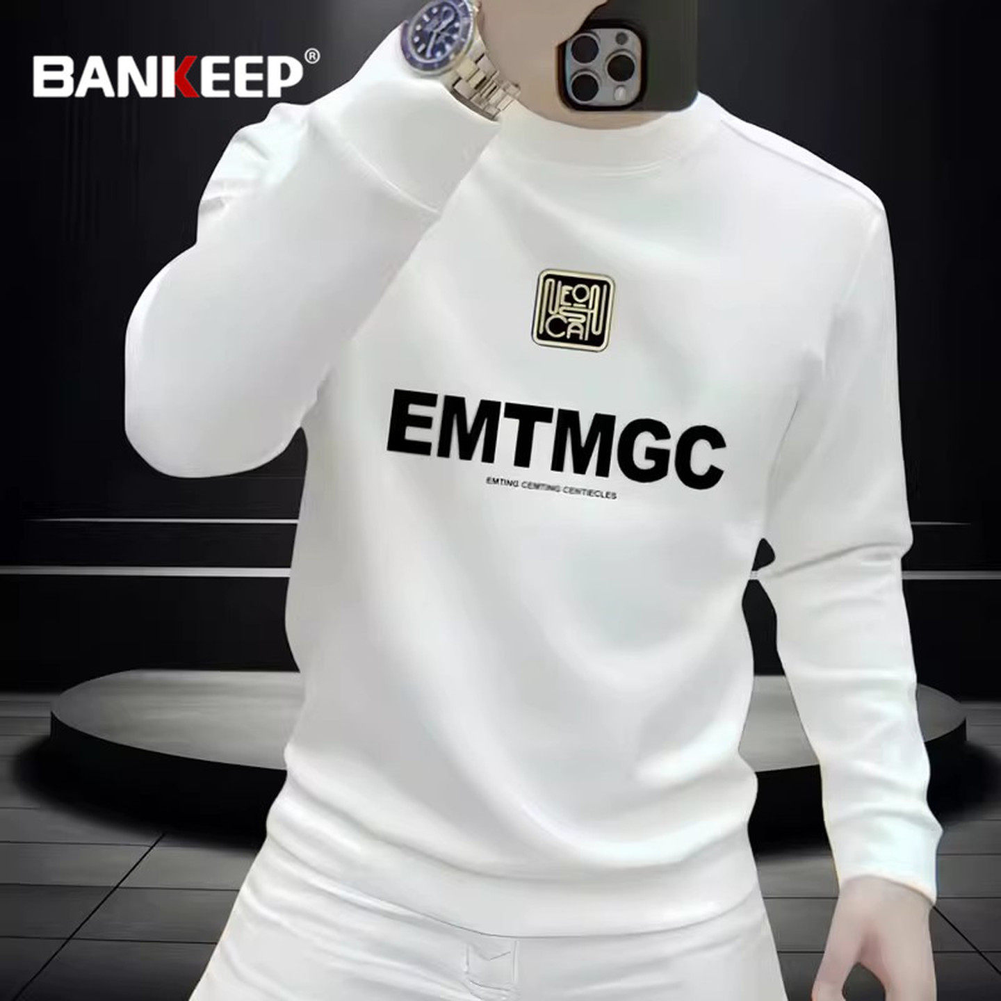 欧货白色圆领卫衣男士2026新款冬季加绒加厚打底长袖T恤男款春秋