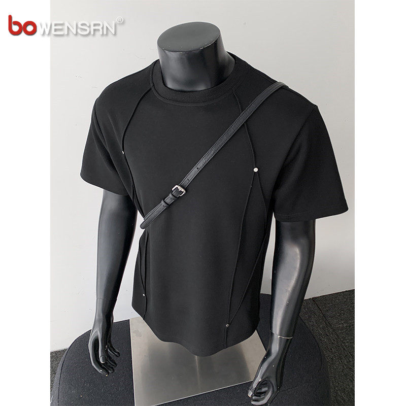 潮牌铆钉黑色结构短袖t恤男士2026新款夏季痞帅正肩半袖上衣男款