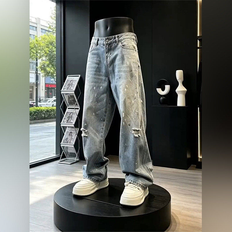 潮牌美式破洞漆点弯刀裤子男2026秋季新款水洗做旧直筒阔腿休闲裤