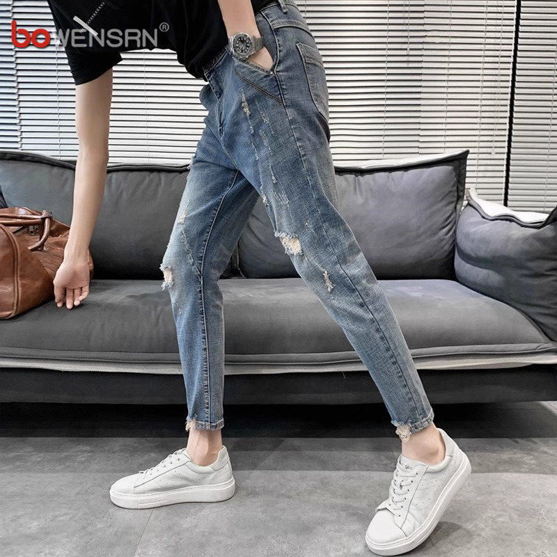 高端九分牛仔裤男士夏季薄款2026年新款韩版破洞弹力休闲裤子男款