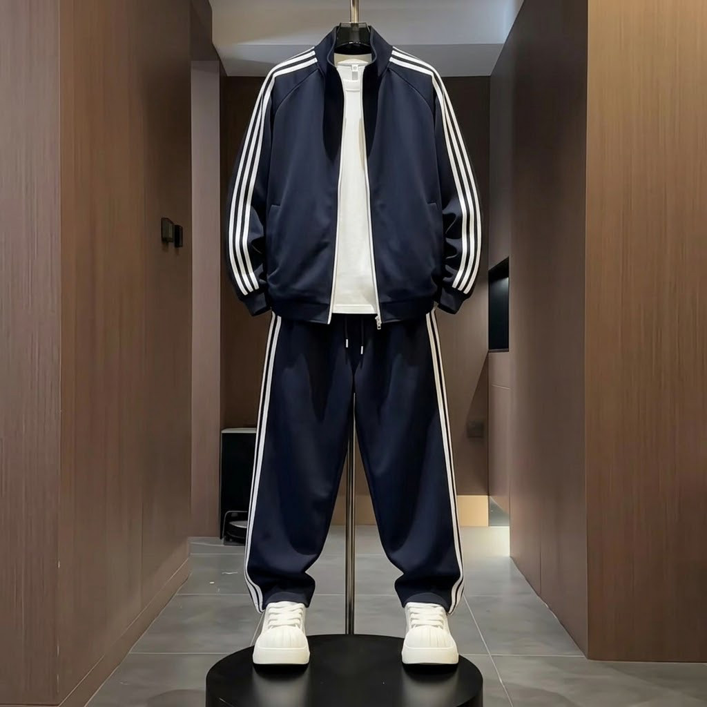 潮牌休闲运动套装男士2026秋季新款条纹开衫卫衣外套直筒裤两件套