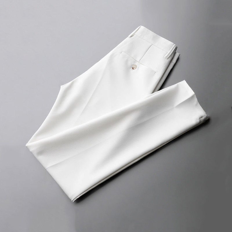 MUSONMU垂感长裤白色西裤男夏修身小脚直筒裤子英伦商务休闲裤男