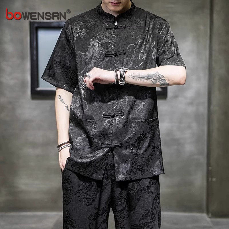 新中式国风冰丝短袖衬衫套装男士2026新款夏季龙纹中山唐装男款潮