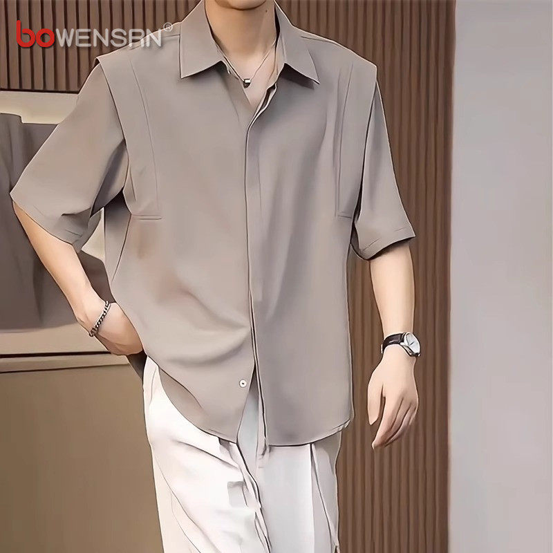高级垂感冰丝短袖衬衫男士2026新款夏季潮牌纯色免烫中袖衬衣男款