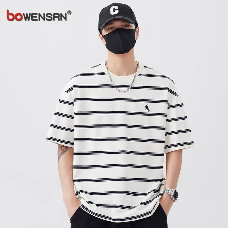 潮牌战马刺绣条纹短袖t恤男士2026新款夏季高级感舒适上衣男薄款