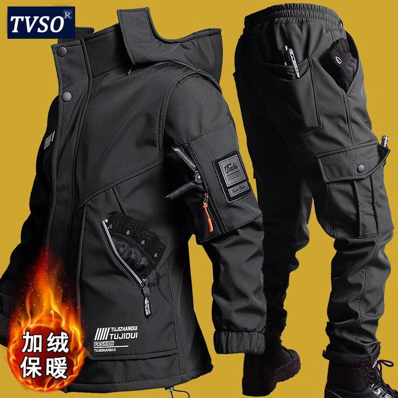 高端软壳冲锋衣套装男加绒加厚工作服防水防风2026冬季保暖骑行服