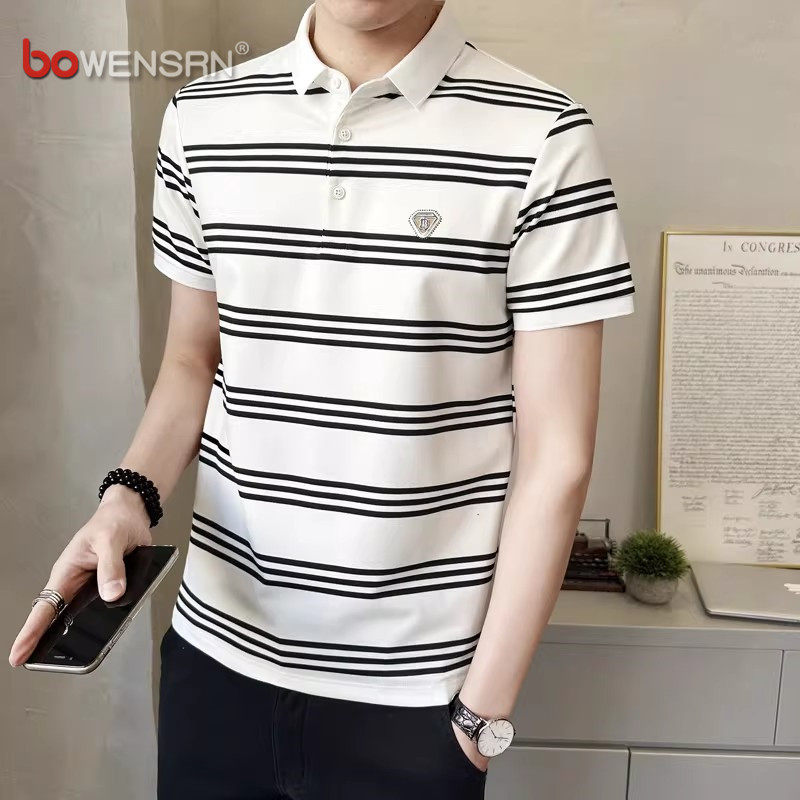 潮牌冰丝棉条纹polo衫男士短袖t恤2026新款夏季翻领修身体恤男款