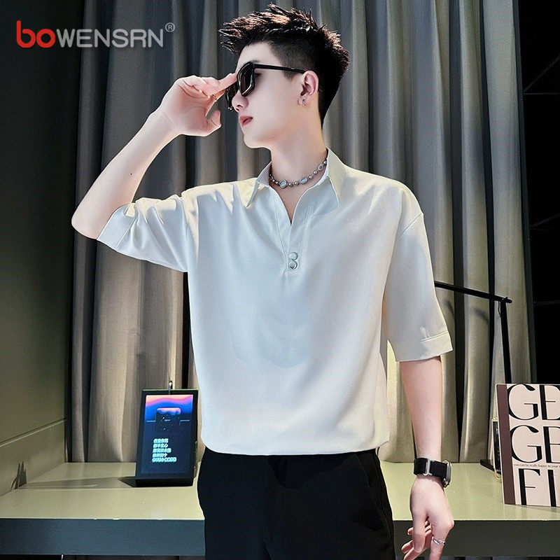 高级感v领polo衫男士短袖t恤2026新款夏季潮流痞帅五分袖上衣男款