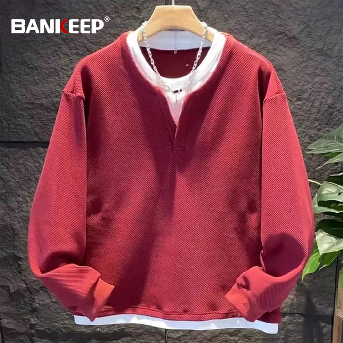 潮牌红色假两件卫衣男士2026新款冬季加绒长袖T恤打底衫男款春秋