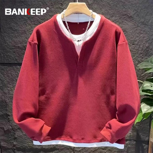 潮牌红色假两件卫衣男士2026新款冬季加绒长袖T恤打底衫男款春秋