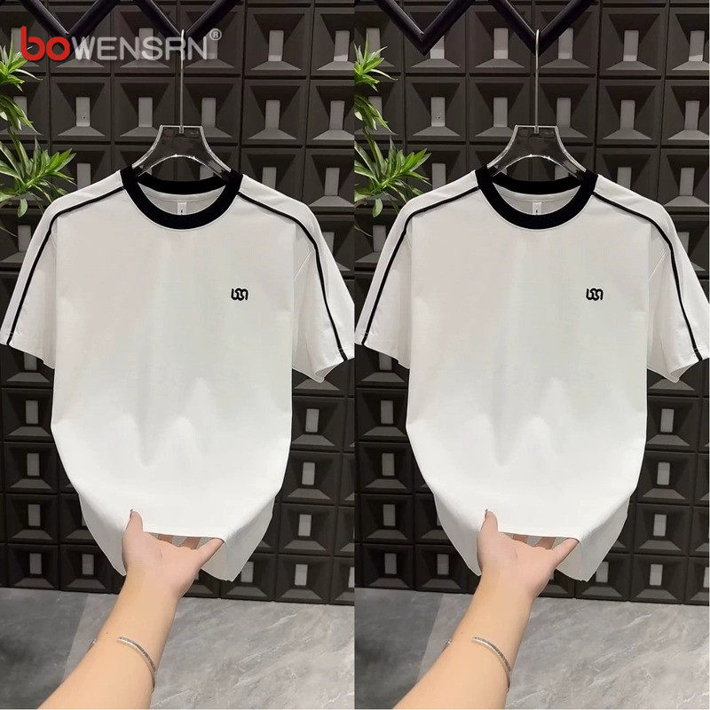 高端白色短袖t恤男士2026新款夏季潮流百搭宽松圆领刺绣上衣男款
