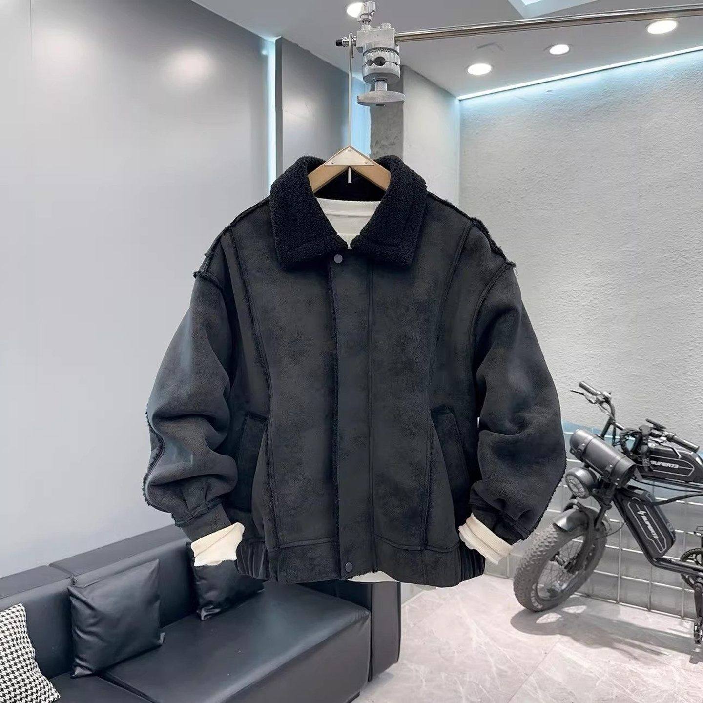高端羊羔毛加厚外套男士2025新款冬装季皮毛一体宽松毛领夹克男款