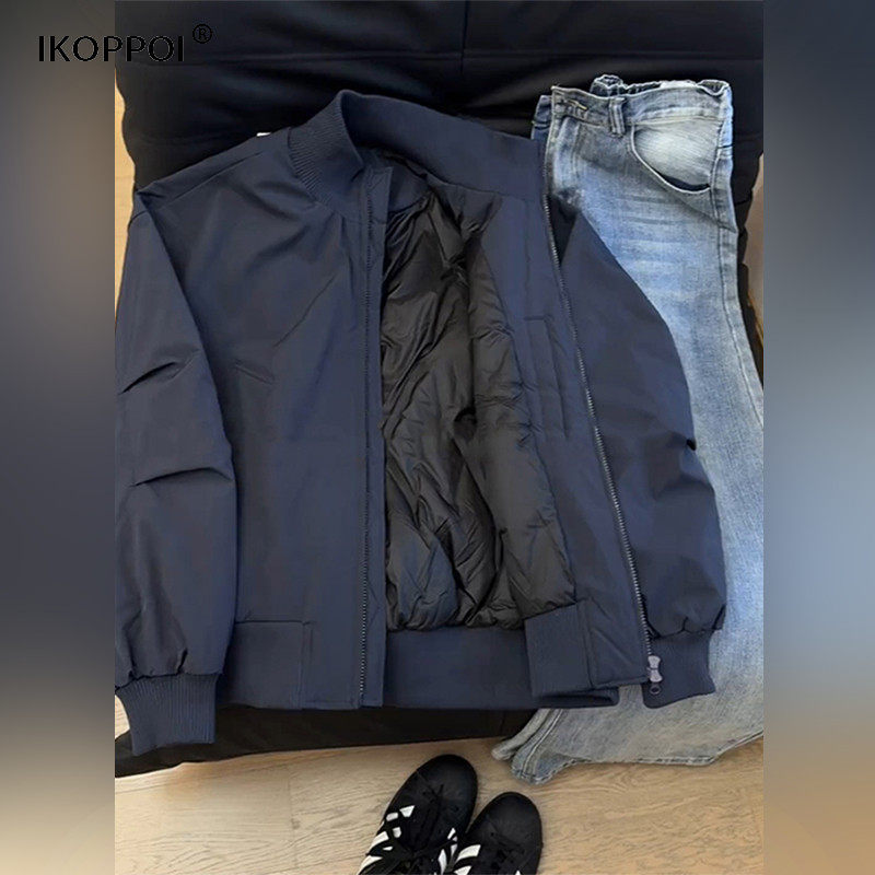 高端美式藏青色羽绒服男冬季廓形飞行员夹克加厚保暖短款立领外套