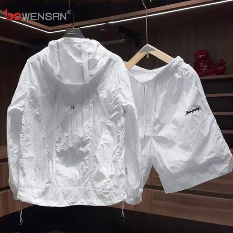 防晒衣休闲套装男士外套2026新款夏季薄款短裤透气网眼两件套男款