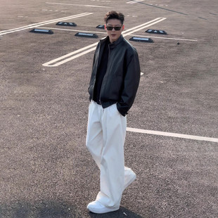 高端白色宽松直筒休闲裤子男士2025新款冬季加绒加厚弯刀西裤男款