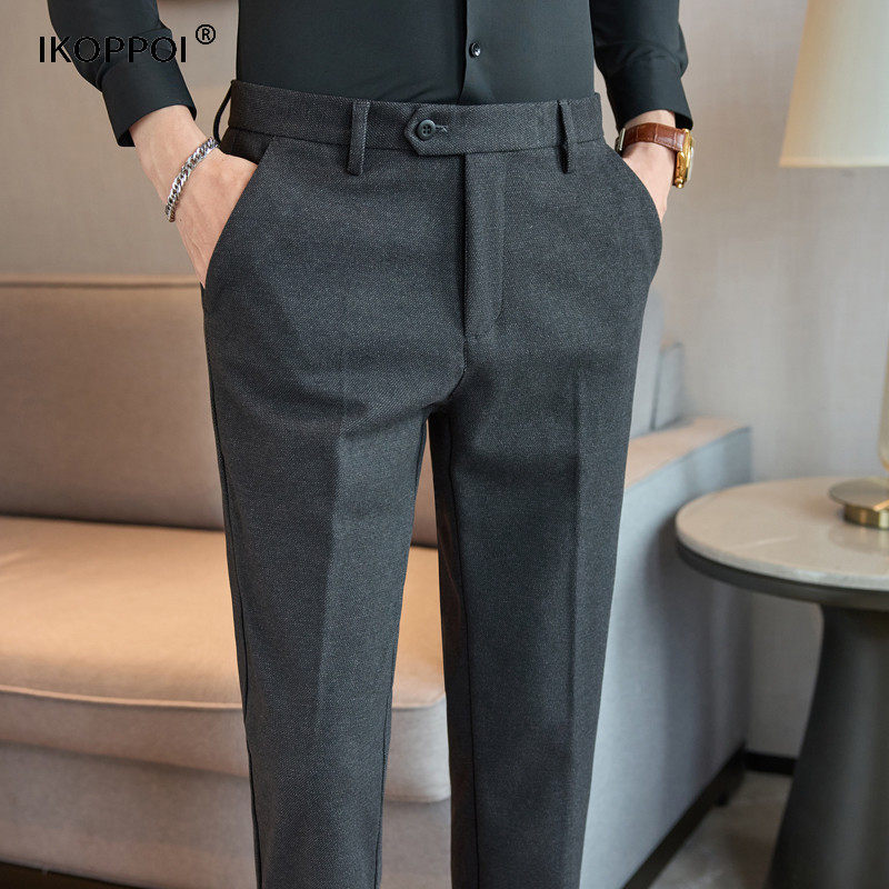 高端男士商务羊毛呢西裤2025秋冬季小直筒修身垂感正装加厚休闲裤