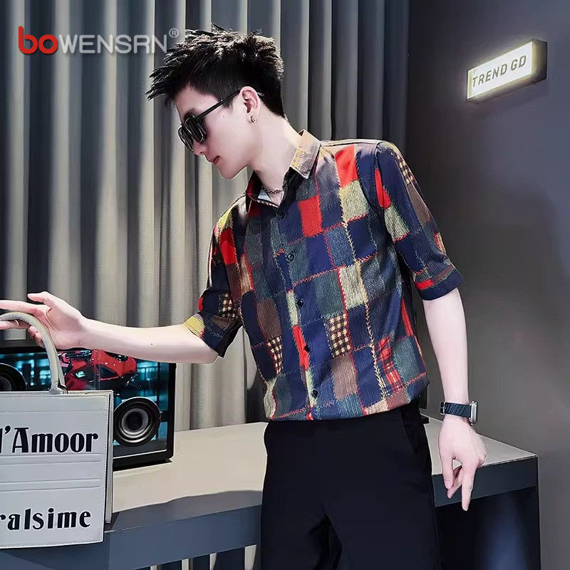 高级感撞色格子花衬衫男士短袖夏季2026新款痞帅冰丝修身衬衣男款