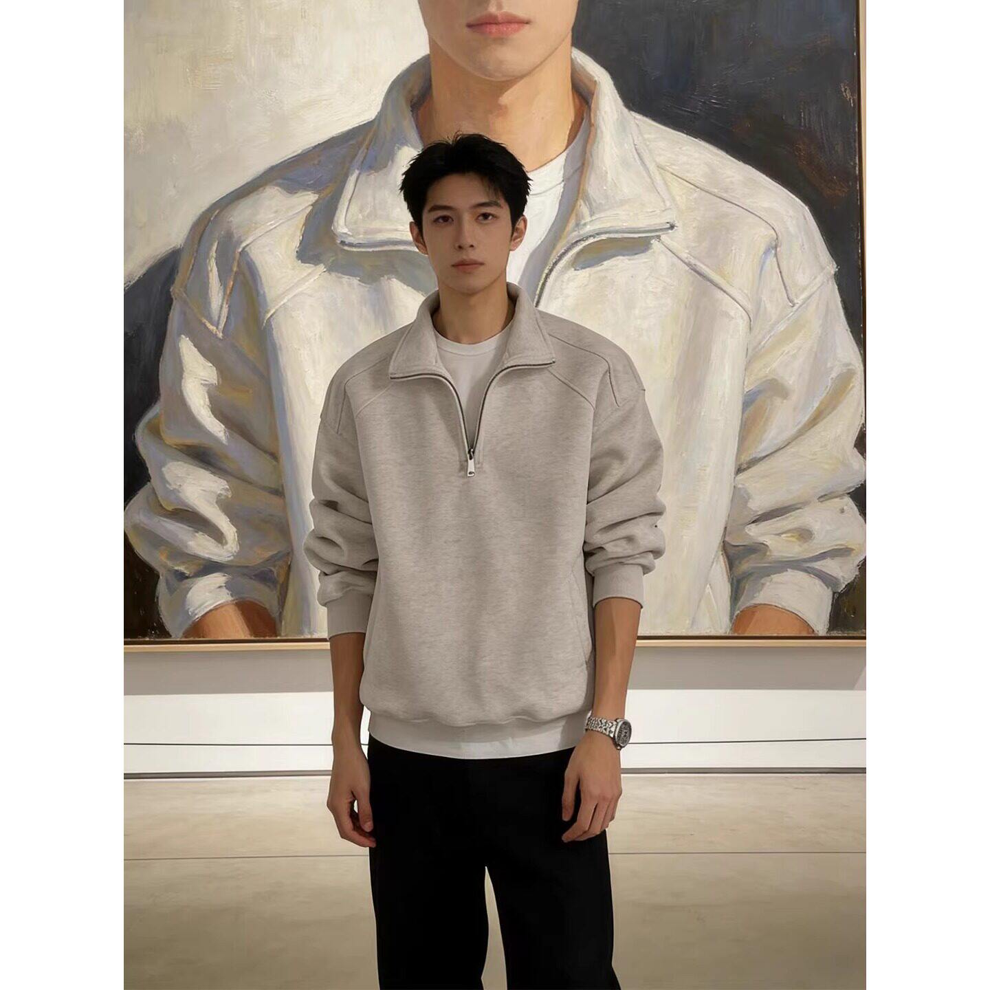 韩国Uamtor白灰色立领长袖polo衫男春季美式半拉链卫衣内搭打底衫