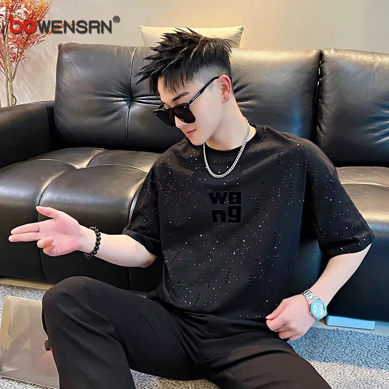 高级感痞帅破洞短袖t恤男士2026新款夏季潮流休闲宽松上衣服男款