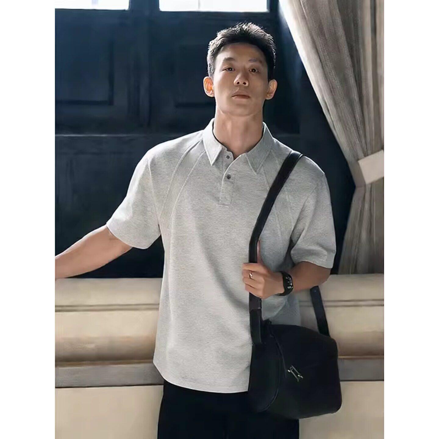 韩国Uamtor美式灰色短袖polo衫男夏重磅解构正肩t恤成熟半袖上衣