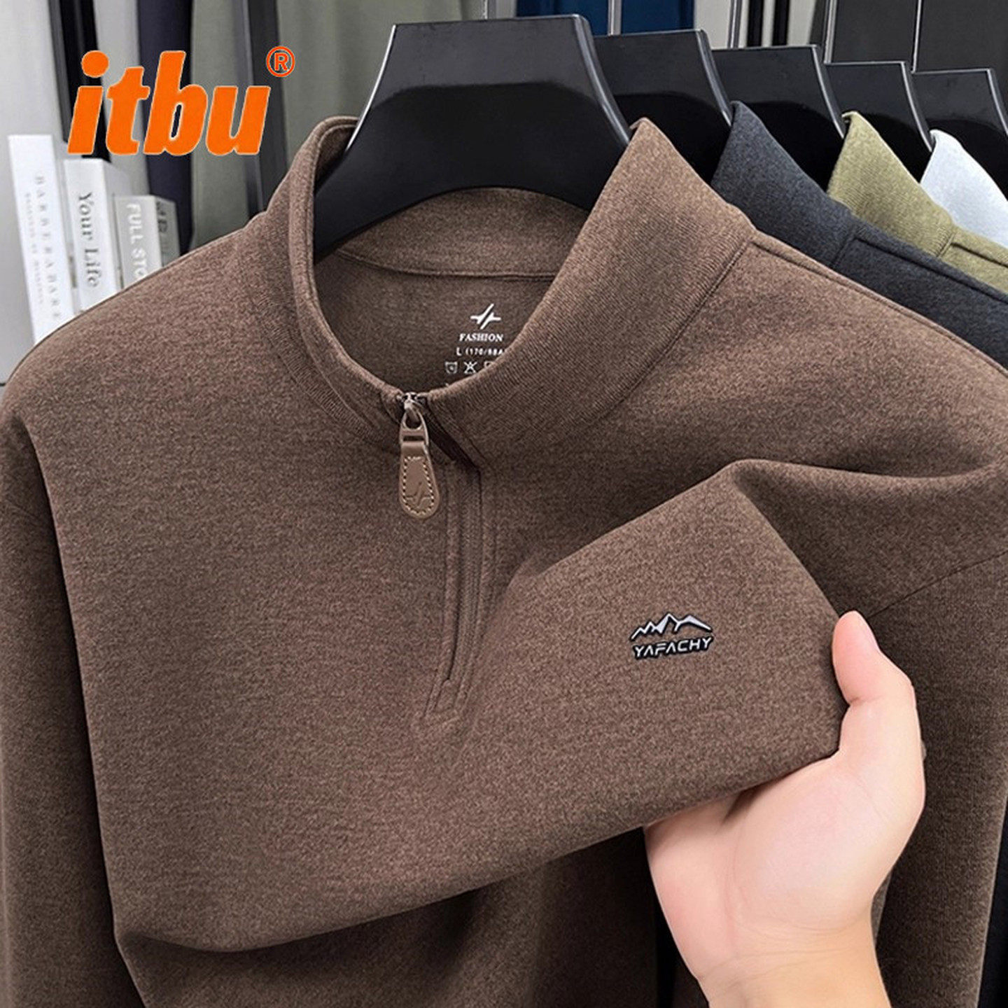 深棕色半拉链男卫衣男士2025新款冬季保暖长袖t恤男款德绒打底衫