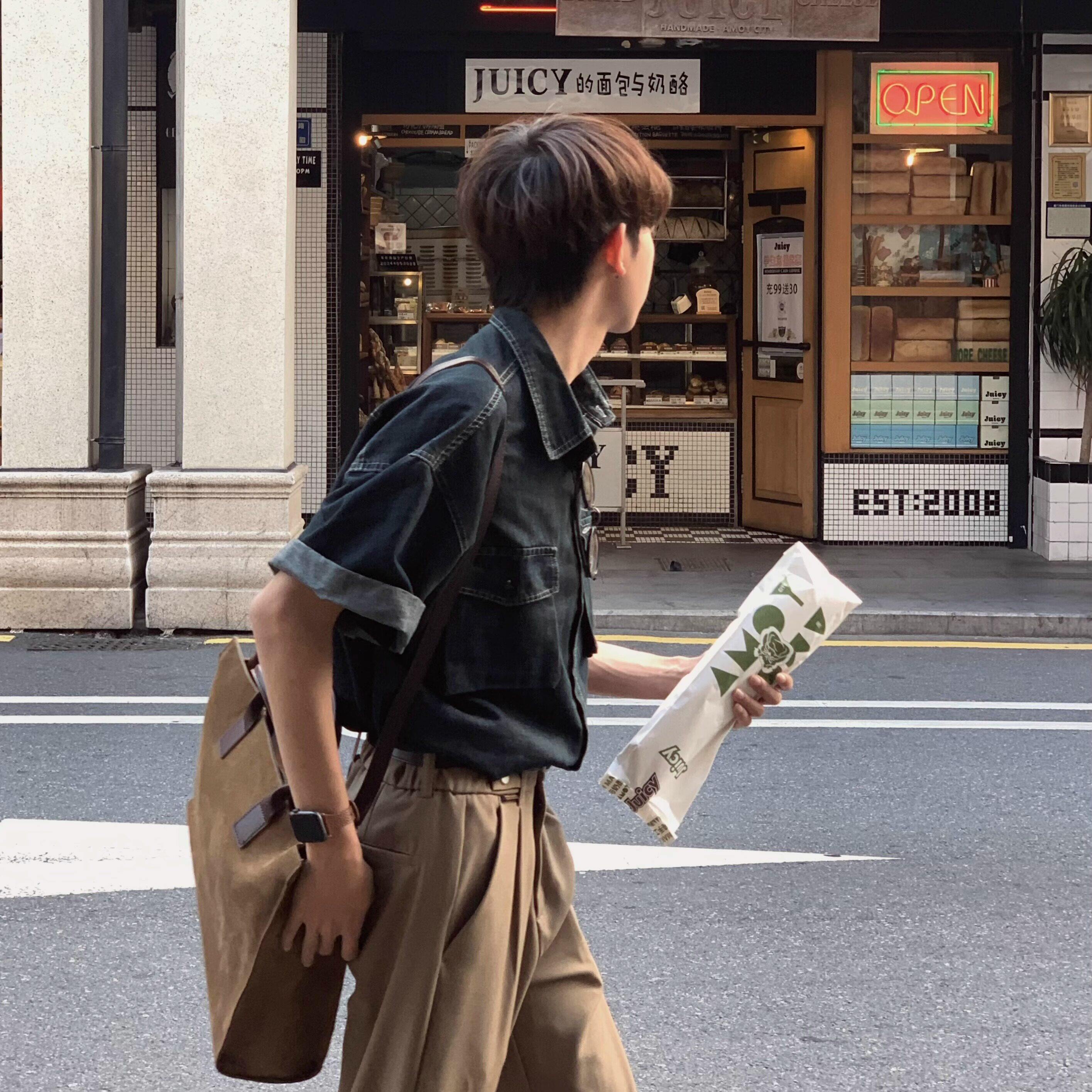 韩国Uamtor高支衬衫夏季男纯棉透气宽松休闲时尚短袖水洗牛仔衬衣