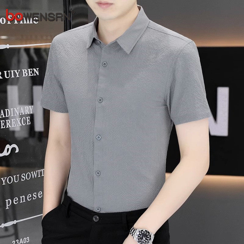 高端冰丝短袖衬衫男士2026新款夏季纯色免烫抗皱弹力长袖衬衣男款