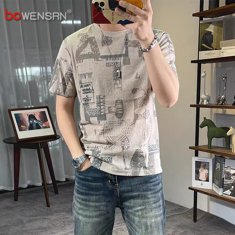 潮牌大满花冰丝短袖T恤男士2026新款夏季凉感印花半袖体恤衫男款